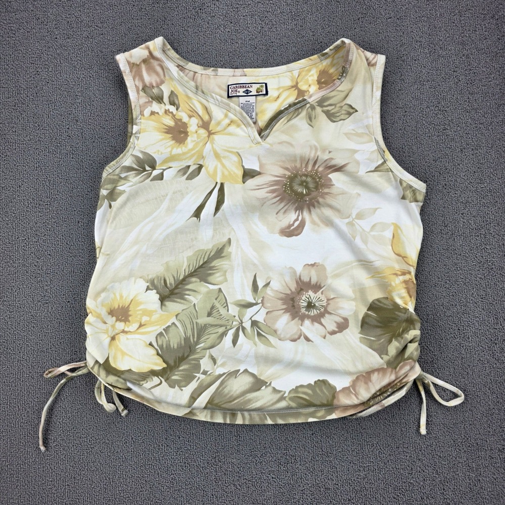 Caribbean Joe Petite Yellow Floral Ruched Side Tie Tank Top‎ PM Cotton Spandex